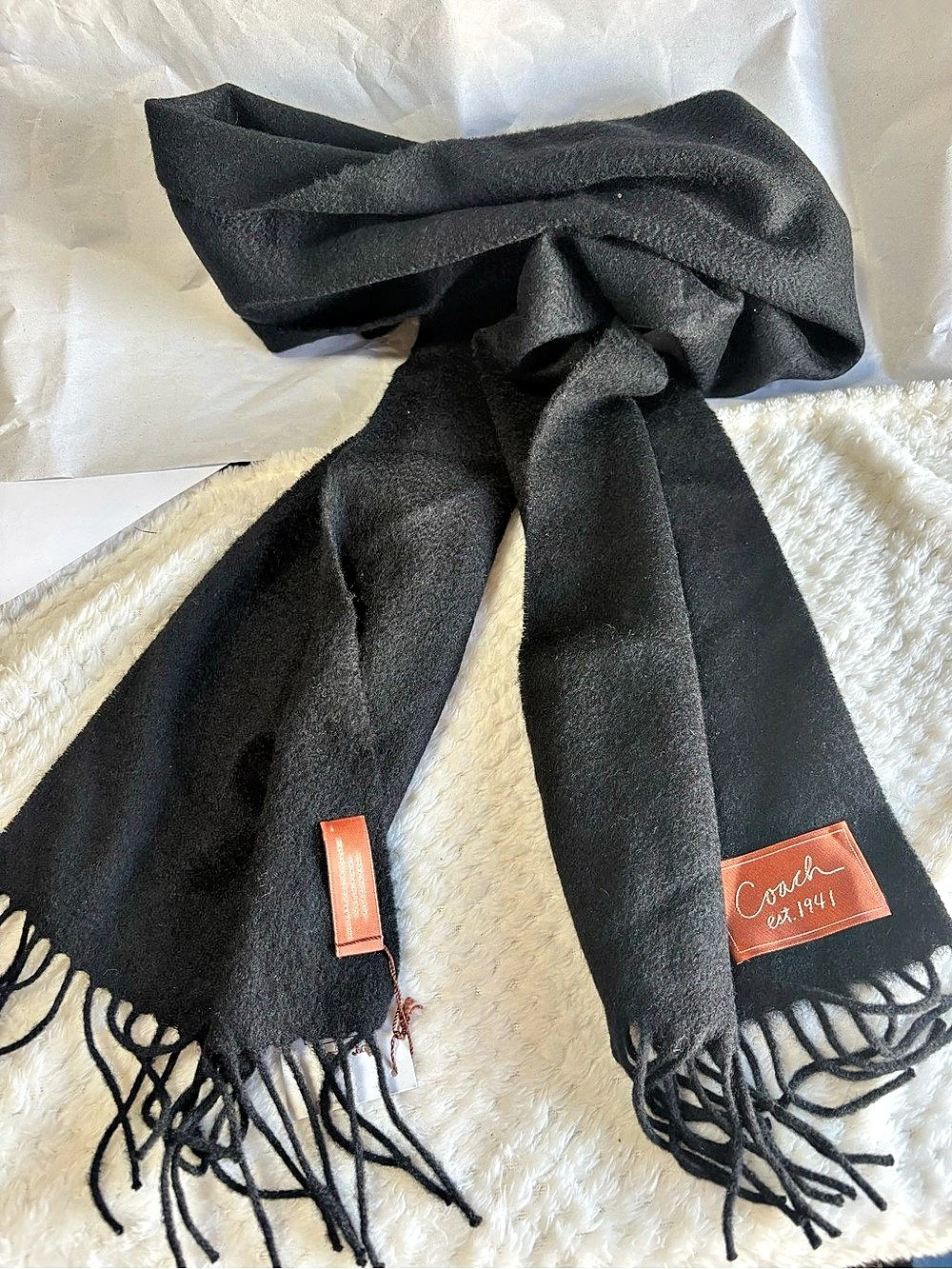 Coach Wool Fringe Scarf with Logo Patch in Black